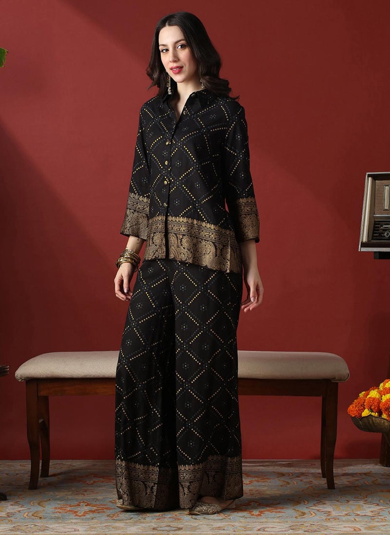 Globus Women Black Collared Neck Gold Foil Bandhani Print Shirt With Palazzos Fusion Co-Ord Set - Image 3